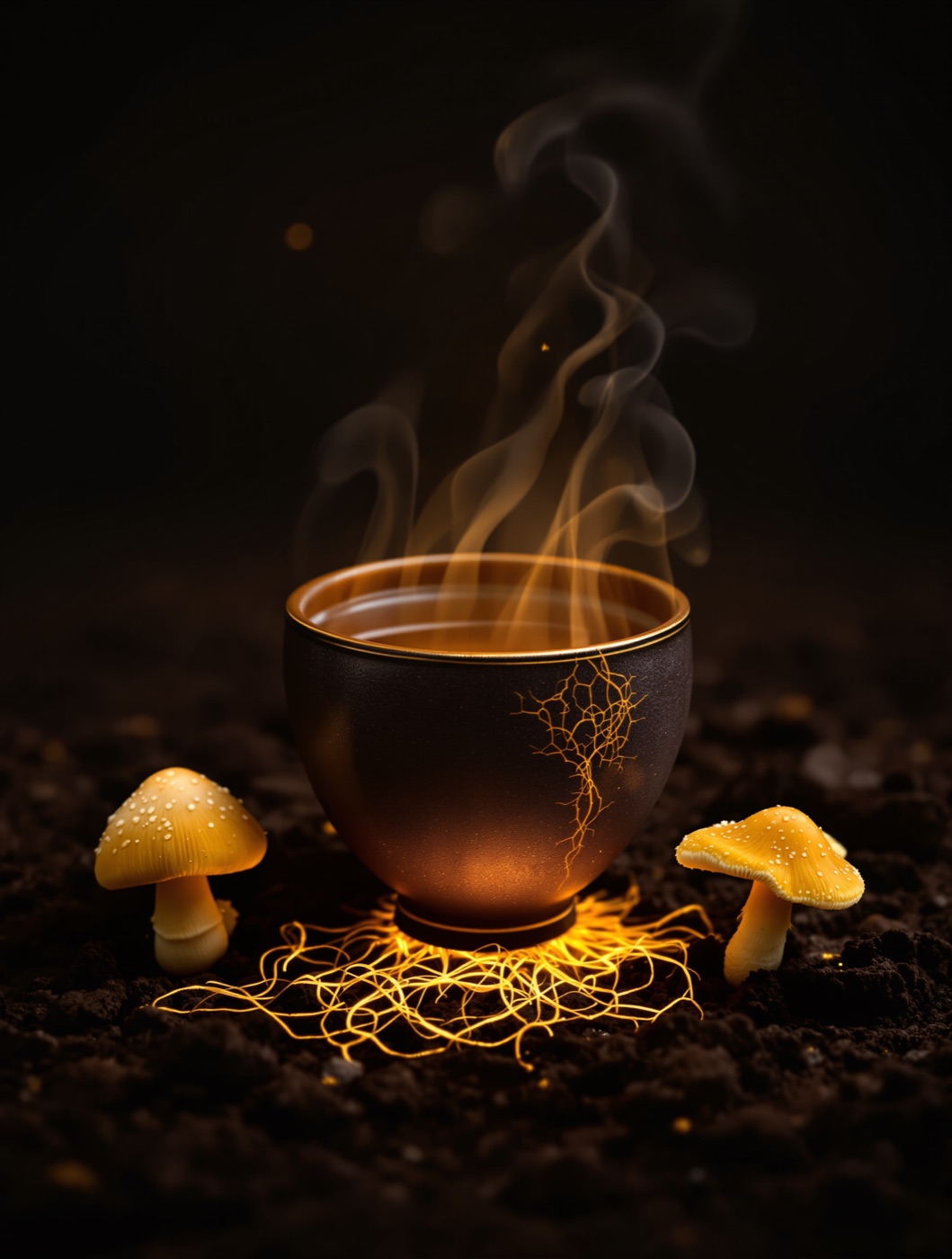 Ceremonial cacao cup on dark earth with glowing mycelium and two golden mushrooms