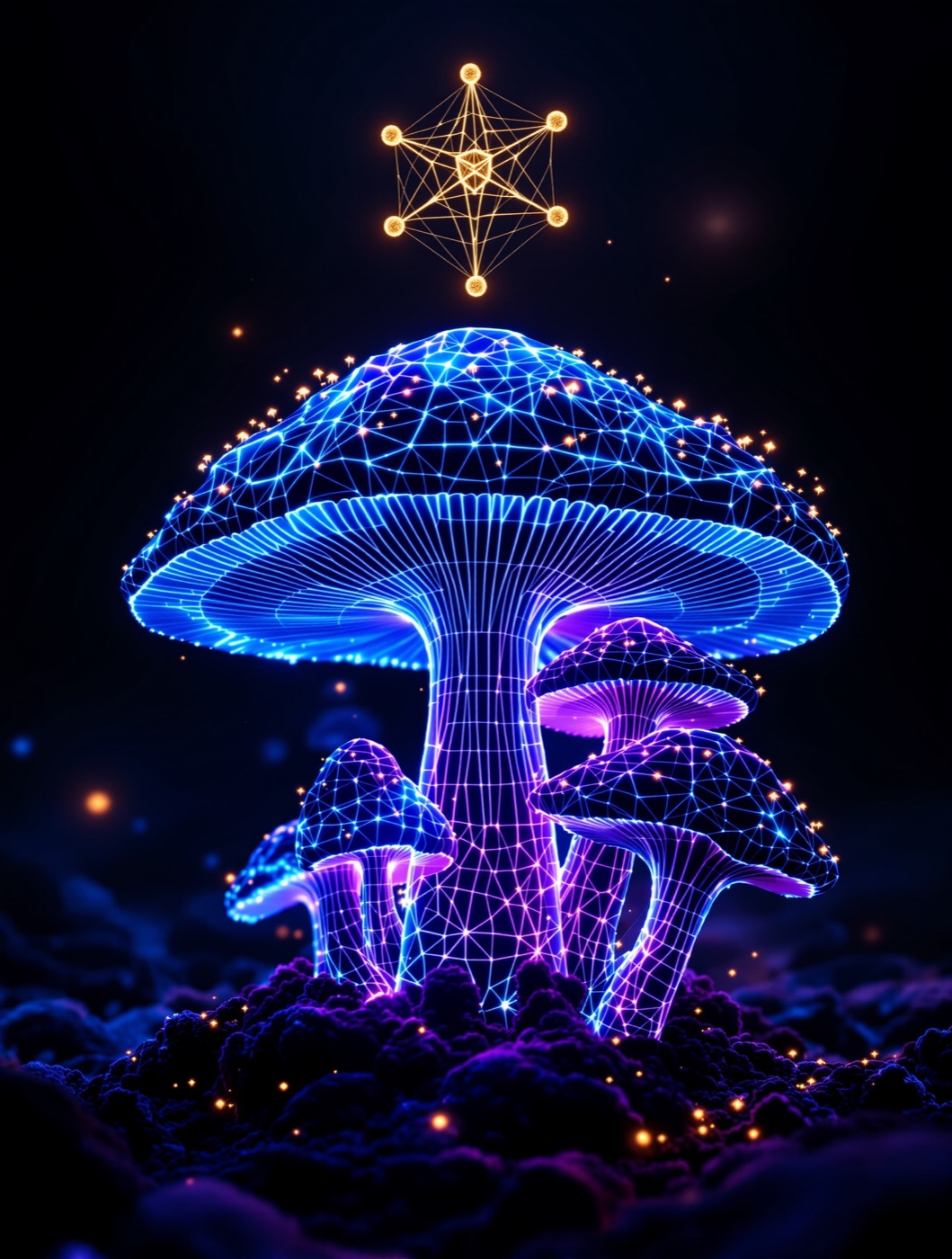 Neon wireframe mushroom cluster under a golden geometric figure