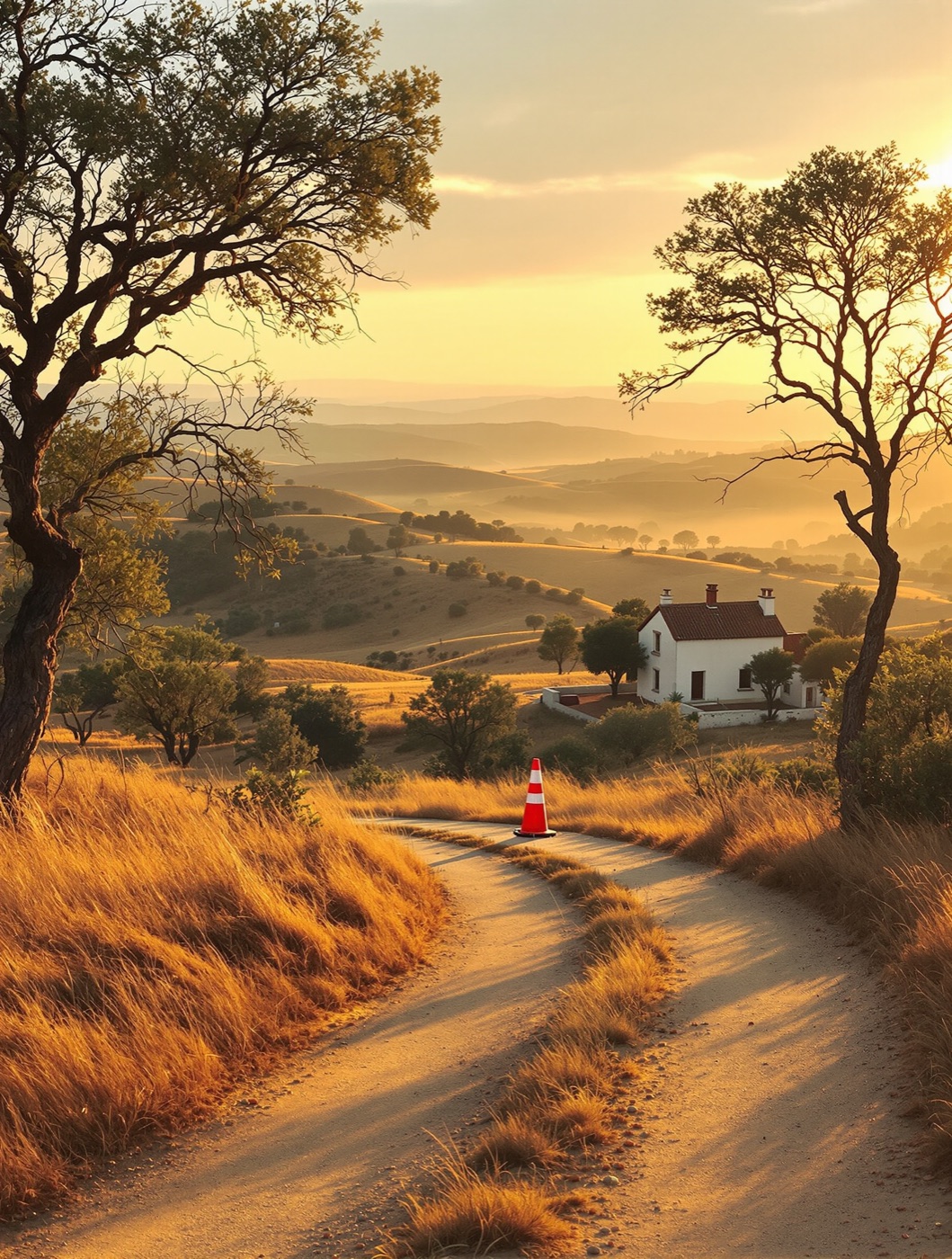 Dirt track through golden Alentejo hills leading to a small white farmhouse, an orange cone on the track
